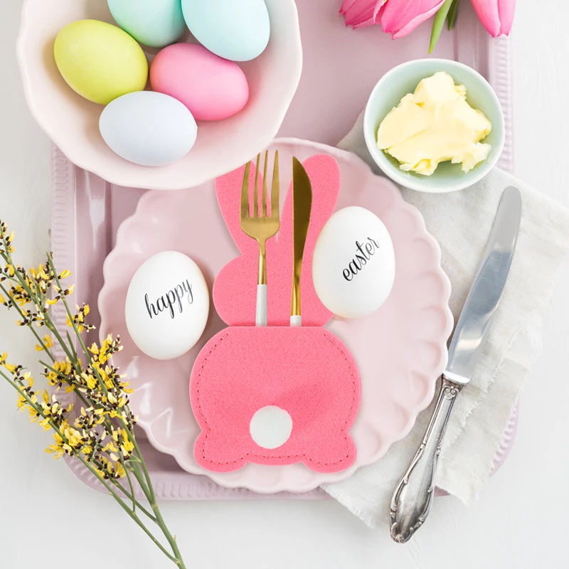 4Pcs Easter Knife Fork Holder Bags Felt Rabbit Cutlery Cover 2024 Happy Easter Decoration For Home Kids Birthday Party Tableware