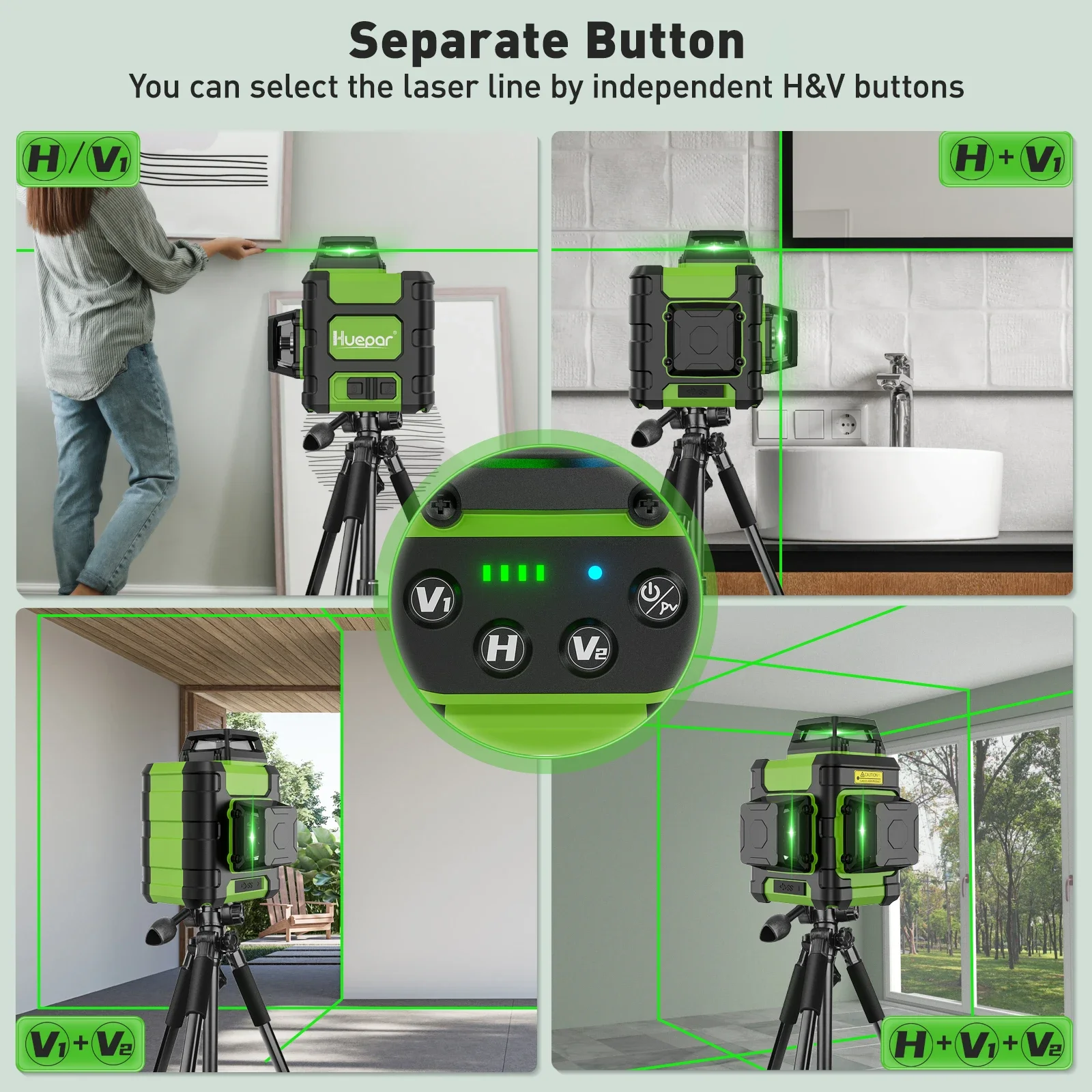 Lot Niveau Laser Huepar Z03CG 3D Vert, Bluetooth, 2 Batteries, Trépied Inclus