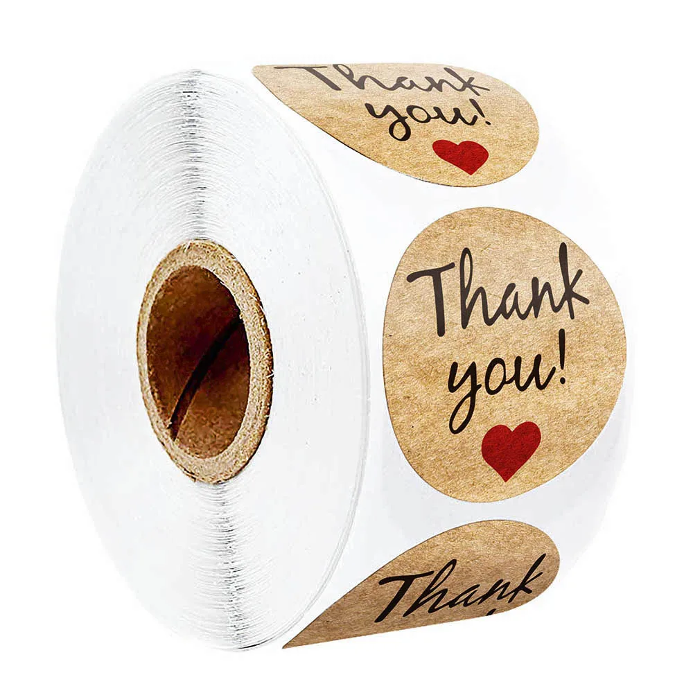 1in Natural Kraft thank you Stickers Heart shape seal labels 50-500pcs stickers scrapbooking for Package stationery sticker