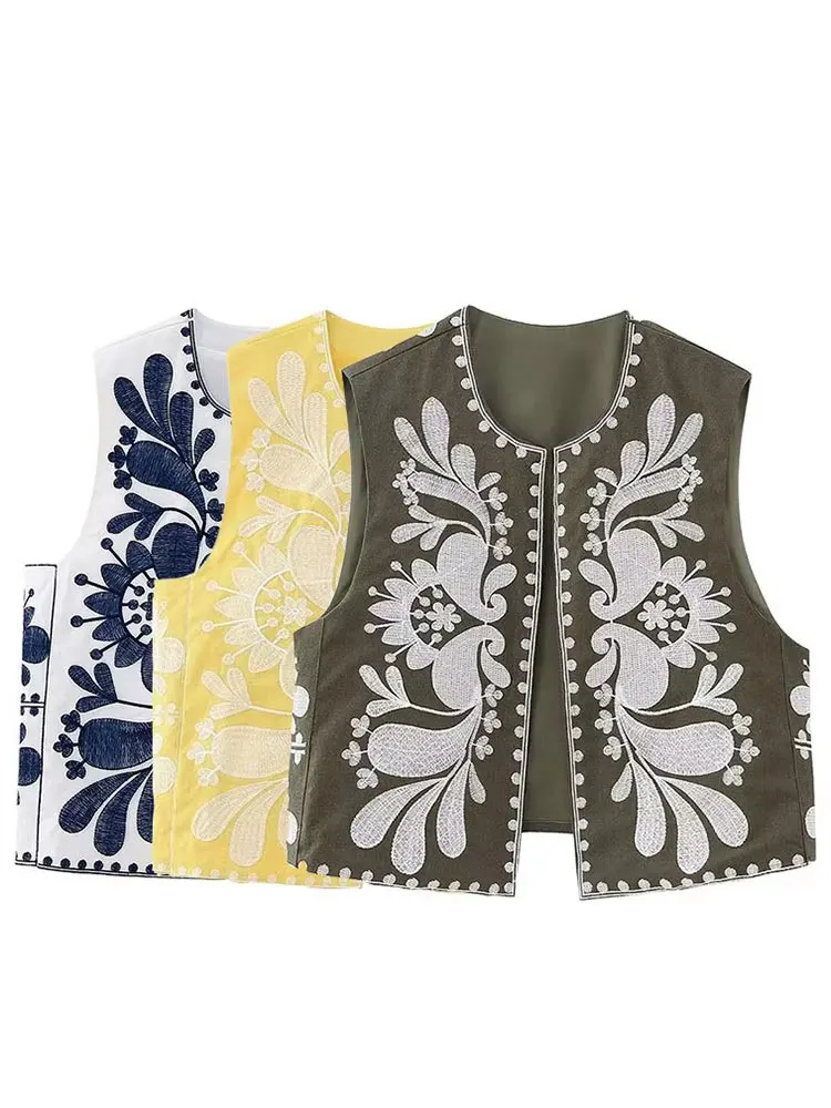 HH Woman Cropped Flower Embroidery Vest Vintage V Neck Sleeveless Cardigan Waistcoat Shirt Chic Tops Summer Women's Clothing