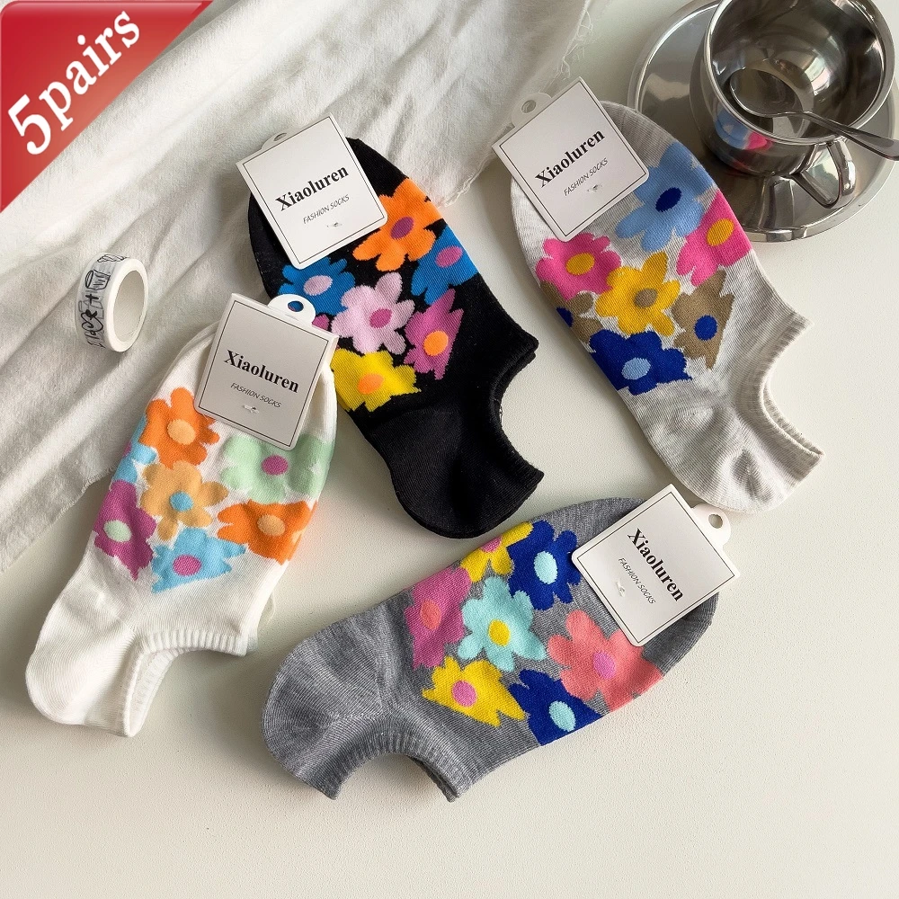 5 Pairs Women's Socks Set Korean Colorful Flower Graffiti Cute Kawaii Shallow Anti Slip Ankle Socks Girl