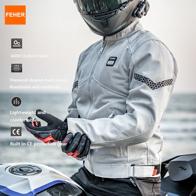 FEHER Men's Motorcycle Jacket Summer 100% Ventilated Mesh Design Thin and Light Motorbike Jacket Commuter with Protective Jacket