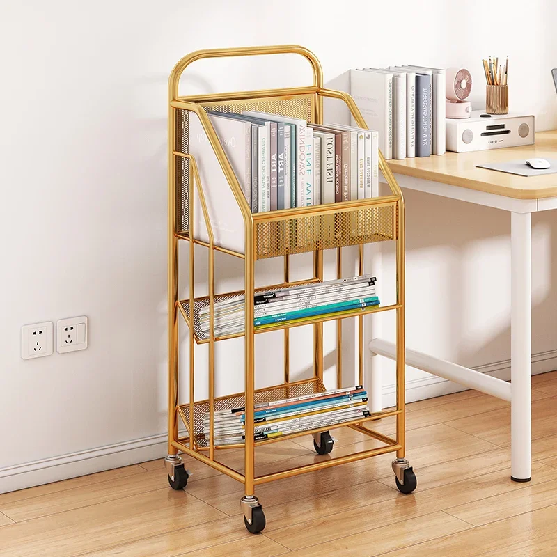 

Italian Style Light Luxury Movable Bookshelf: 360 Rotating Book Storage Rack with Wheels Multilayer Iron Floor Trolley Bookcase