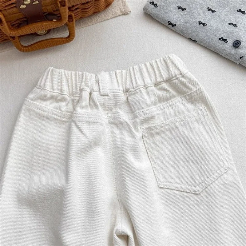 새로운 봄, 가을용 순백색 청바지, 남아 여아용, 한국식 와이드 팬츠, 패셔너블한 루즈핏 캐주얼 스트레이트 팬츠