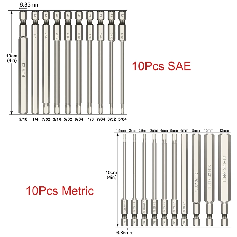 

Набор шестигранных бит 100 мм, 20 шт., стальные магнитные насадки для шестигранных ключей S2