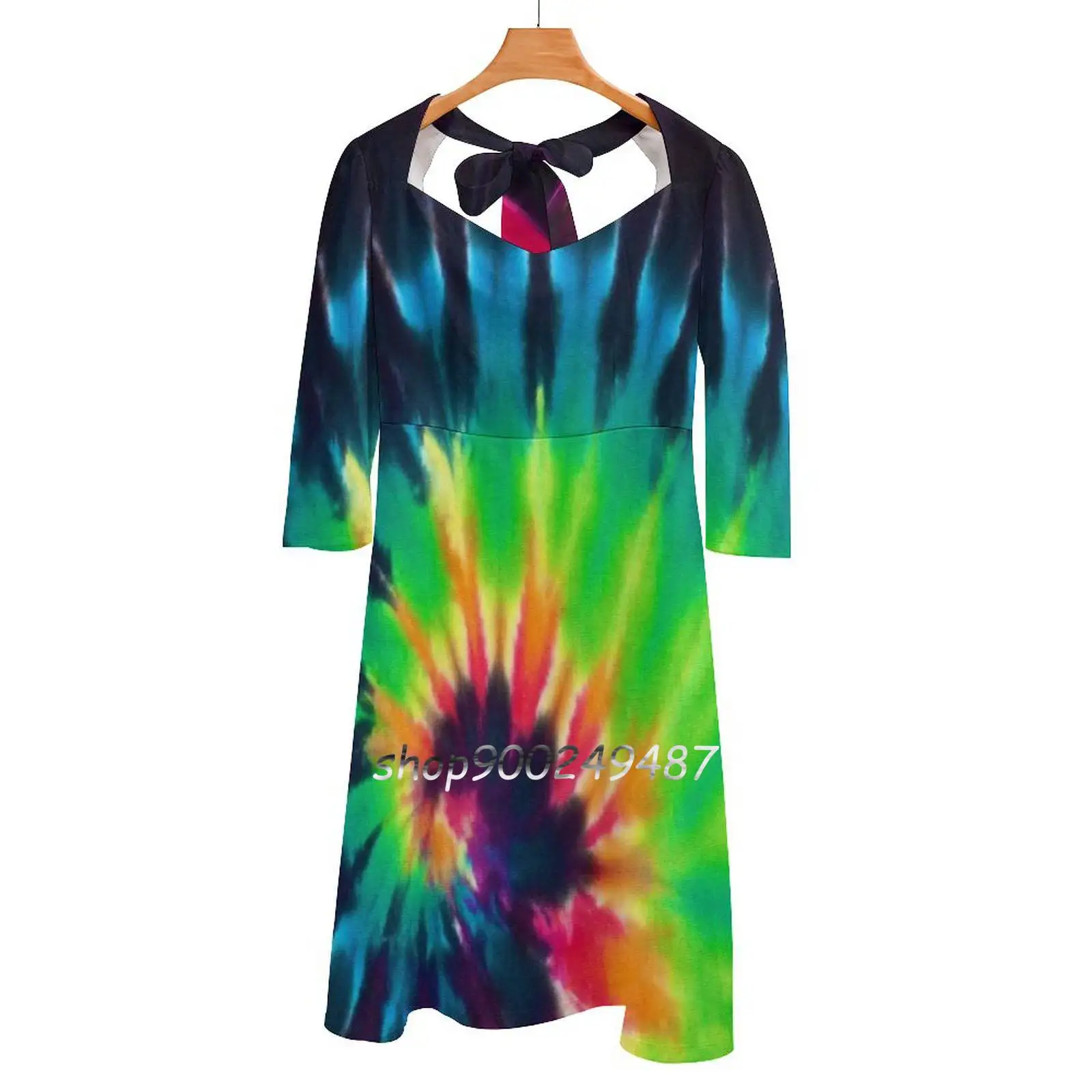 

Swirl And Colorful Rainbow Tie Dye Square Neck Dress Sweet Summer Dress Women Elegant Halter Print Dress Tie Dye Hippie Dye Tie