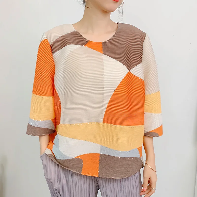 

Women Pleated Suit Geometric Print Short Sleeve Pullover Bat Sleeve Casual Shirts for Women 2023 New Summer Fashion