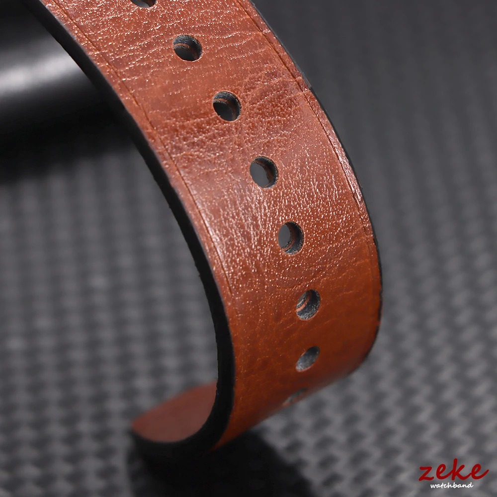 Vintage Oil Wax Leather Watchband with Stitching in Brown