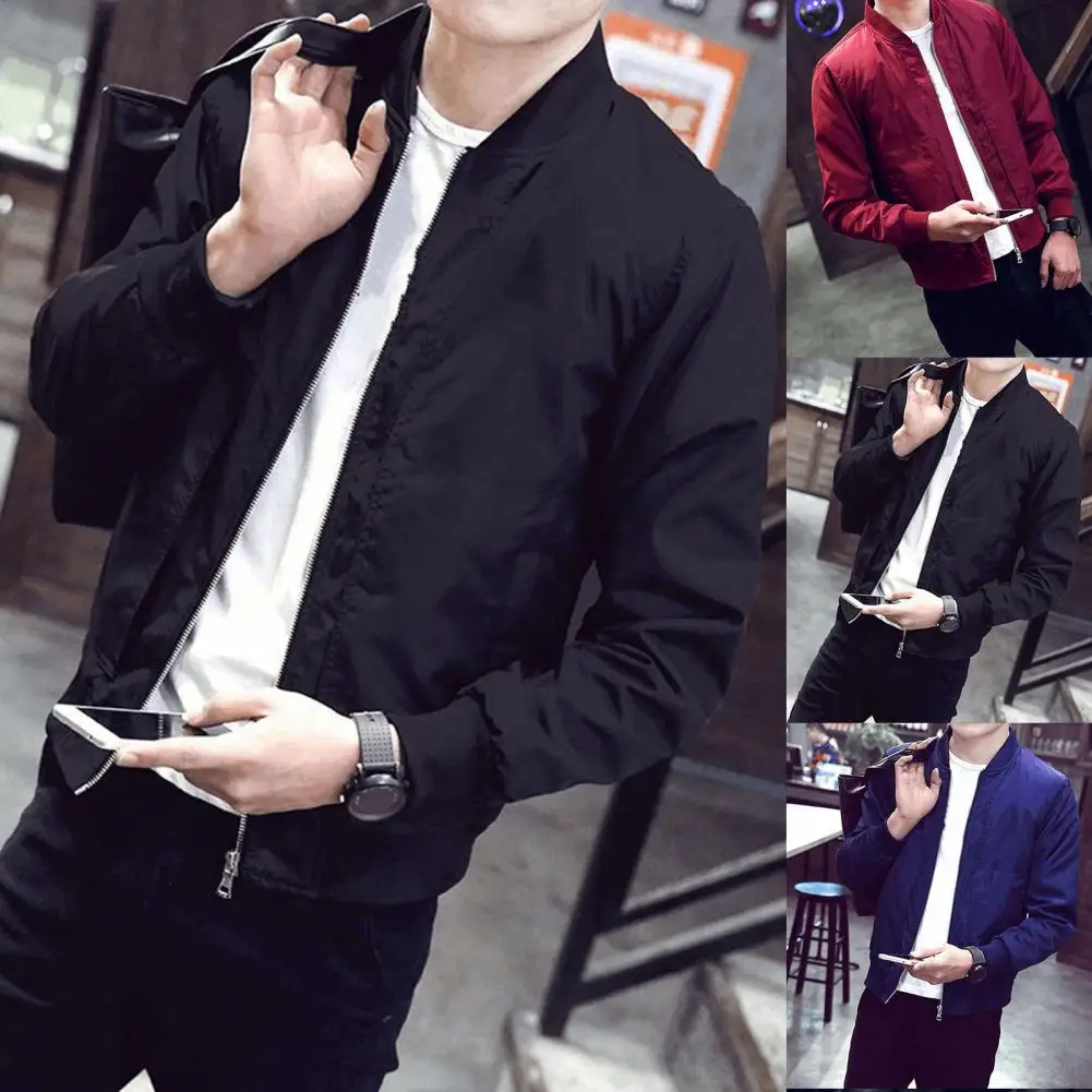 

Trendy Men Jacket Zip-up Long Sleeve Zipper Loose Spring Coat Men Coat Simple