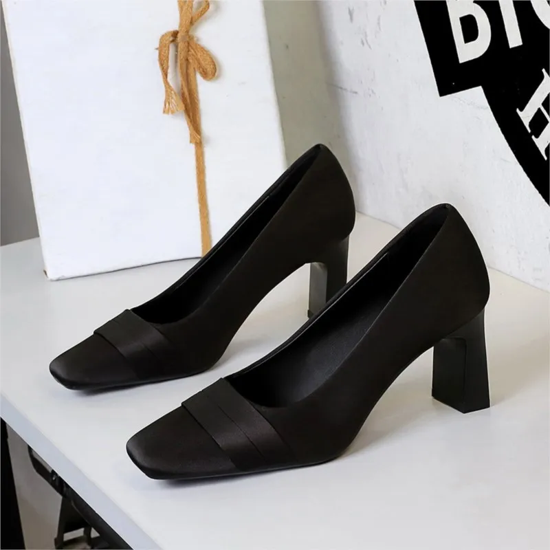 Womens French Style High Heel Sandals Evening Dress Bridesmaid Shoes Satin Versatile Elegant Square Toe Chunky Heel Pumps