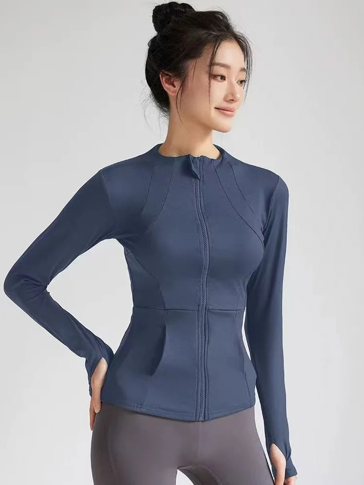 여성용 전문 요가 스포츠 재킷 가을 겨울 타이트 러닝 짐 탑 지퍼 가디건 빠른 건조 나일론 긴팔 슬림 핏