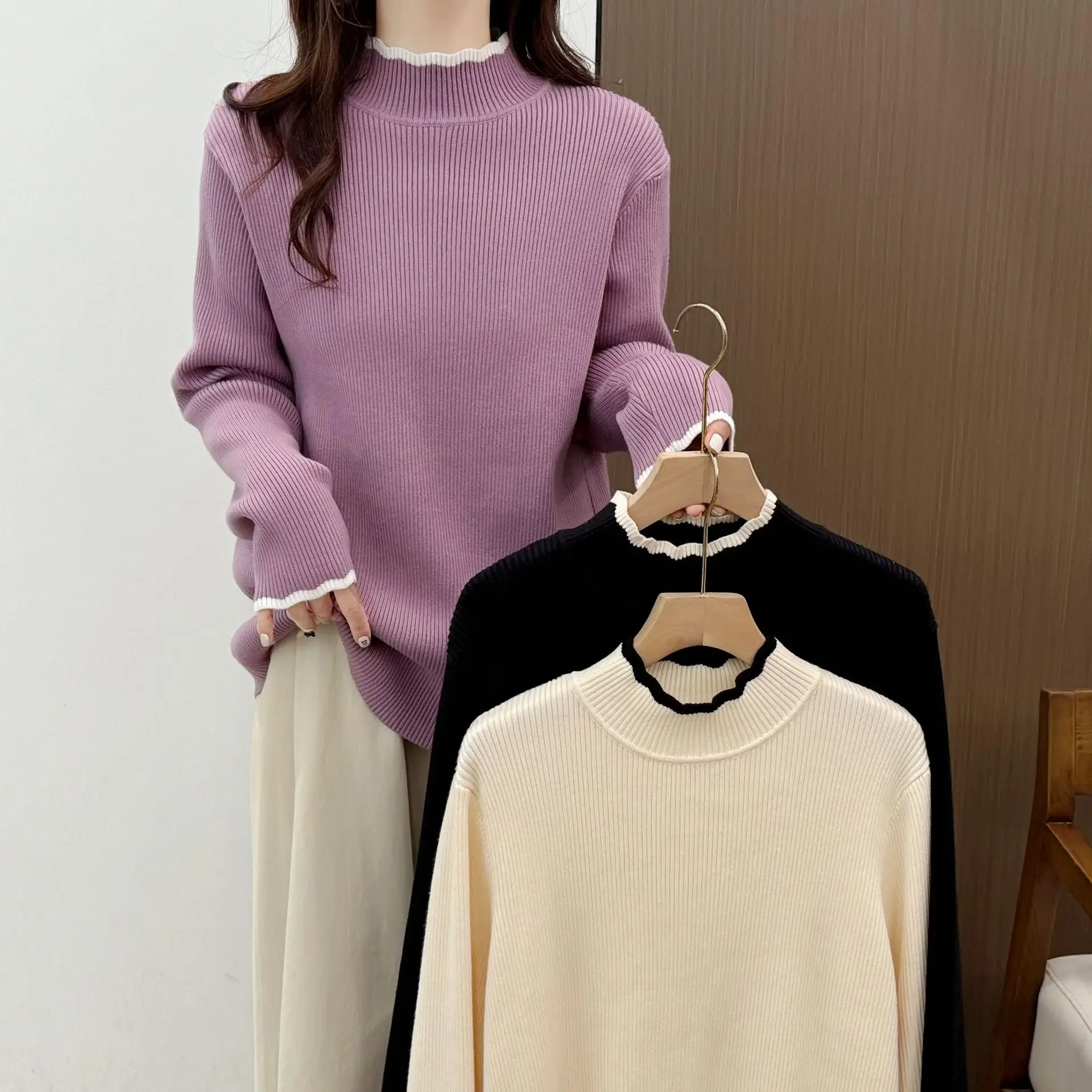 Plus Size Women's Knitted Sweater Autumn Winter Loose Mock Neck Block Color Thick Pullover Jumper 6667
