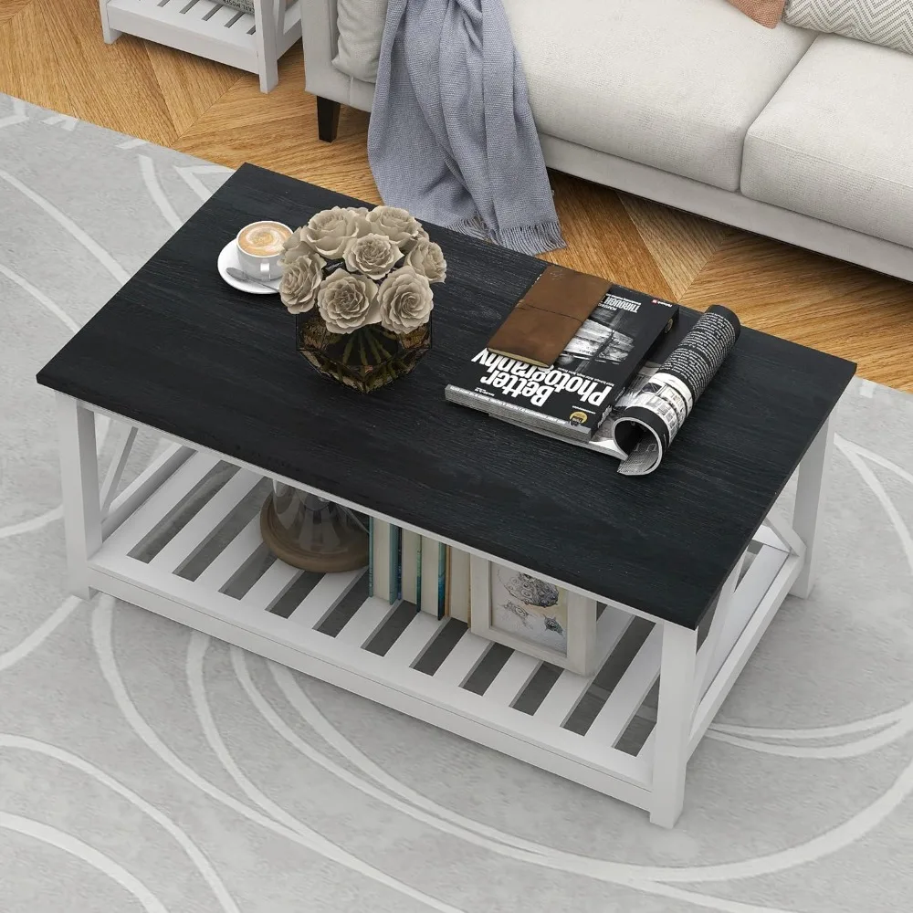 

Farmhouse Coffee Table for Living Room, 2-Tier Rectangular Wooden Centre Cocktail Table