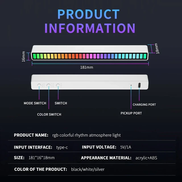 Barre de lumière RGB à 32 LED colorée, niveau musical, lumière de nuit pour  atmosphère intérieure - AliExpress