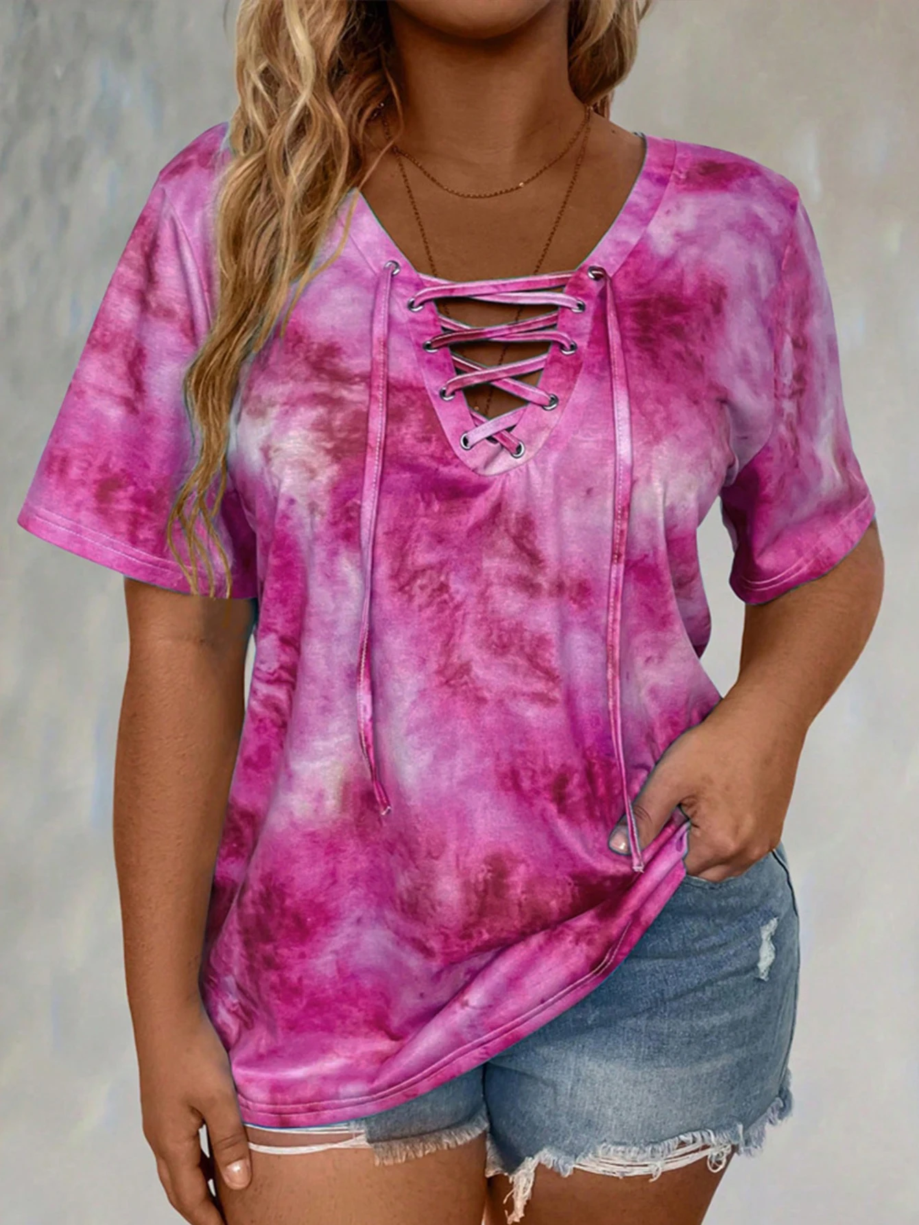 Plus size tie-dye printed short-sleeved T-shirt elegant lace-up hanging collar design top spring and summer casual style 3