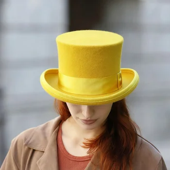 Light Yellow High Top hat Wool Magician high hat British hard top hat Color Cylinder Hat For Women court flat hat President hat