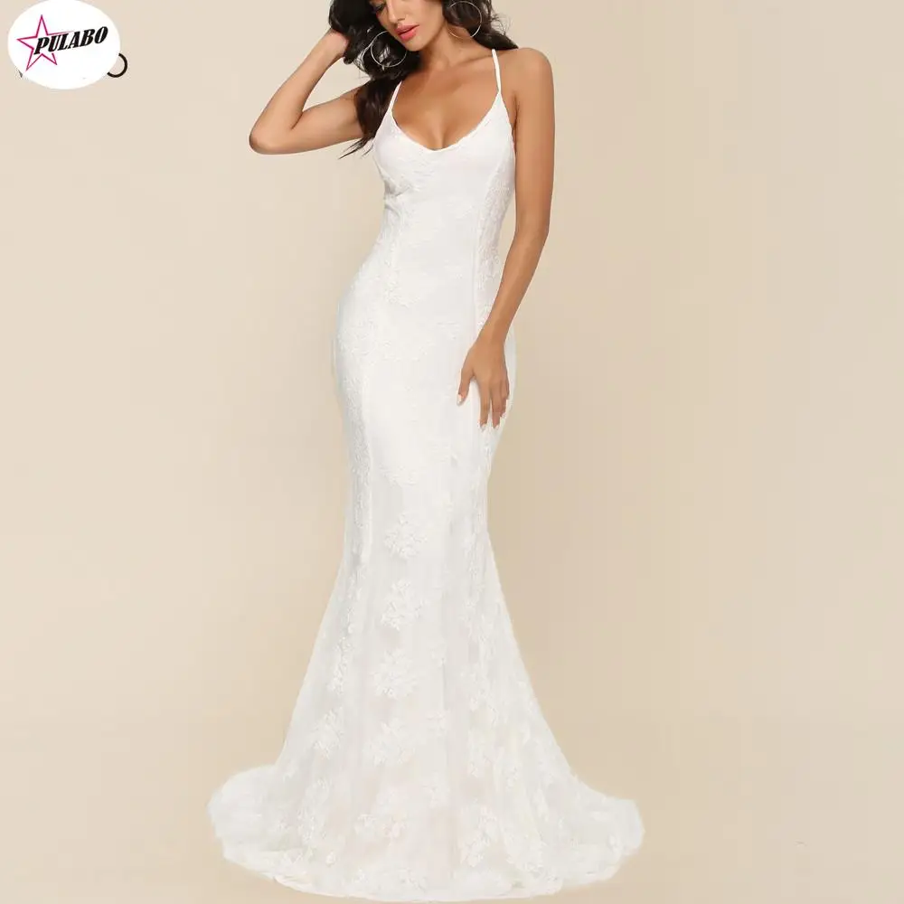 

PULABO Summer Long White Party Women Ladies Spaghetti Strap Lace Maxi Formal Wedding Evening Party Ball Prom Gown Female Dress