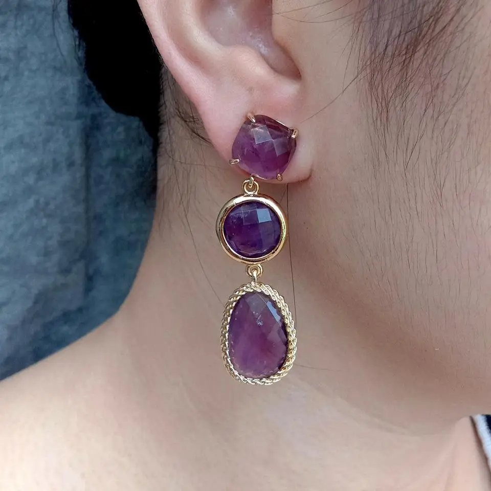 Boucles d'oreilles pendantes à perles d'agate violette | Bijoux Steel