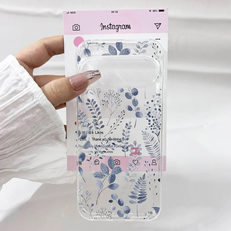Retro Blue Leaf & Pink Rose Floral Clear Phone Case - Soft TPU Cover Shell