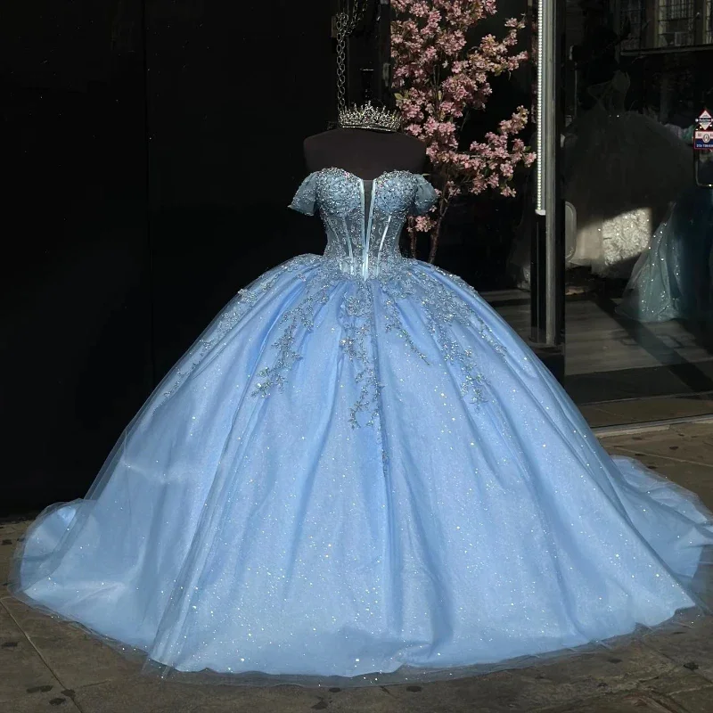 ANGELSBRIDEP Blue Glittering Quinceanera Dresses Off-Shoulder Shiny Lace Beading Vestidos De 15 Anos Birthday Party Princess