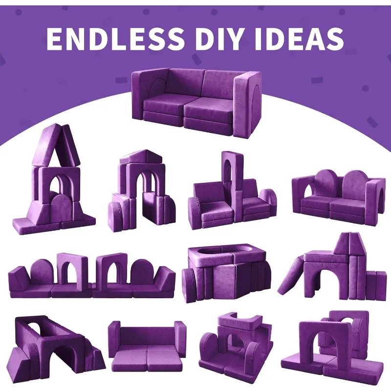 10PCS Purple Modular Play Couch for Playroom Bedroom 10 in 1 Multi-functional Sofa for Playing Creativing Sleeping Toddler Couch 5