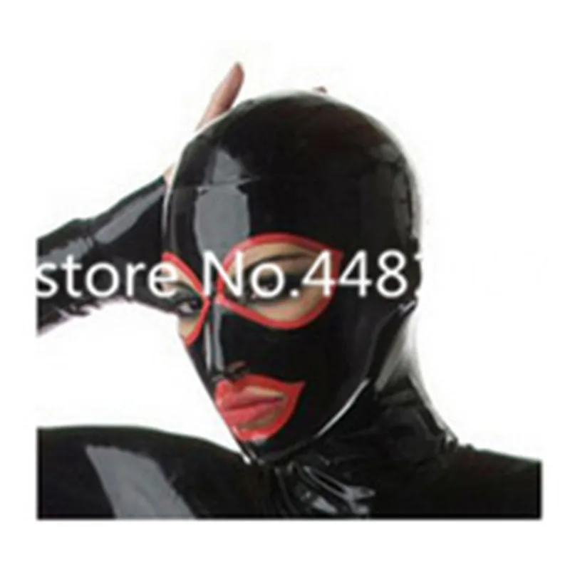 

Handmade Women Full Head Latex Mask Rubber Hood Unisex Fetish Cosplay Mask Black Red with Back Zipper Custom Made XS-XXL