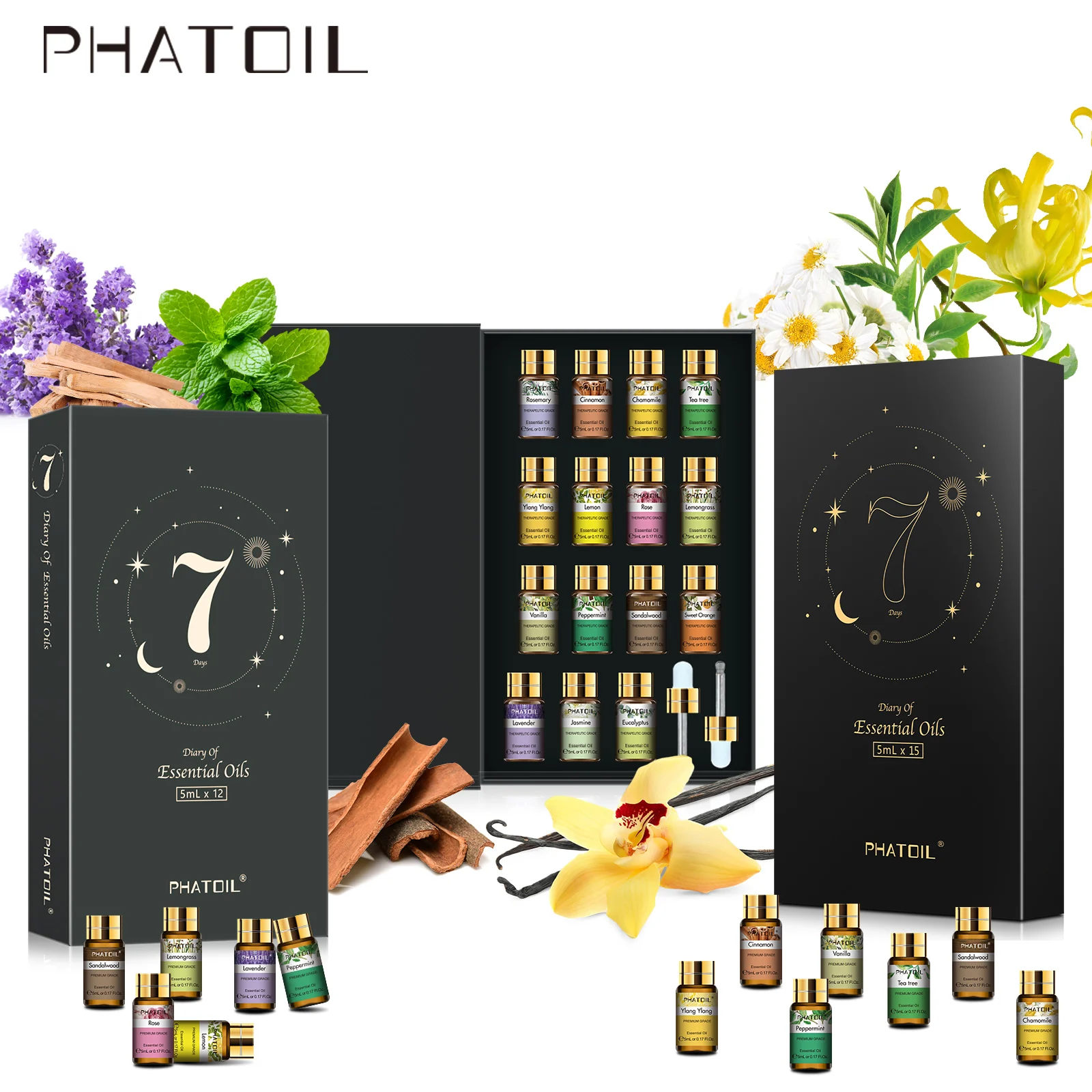 PHATOIL 12 pièces/15 pièces ensemble d'huiles essentielles d'aromathérapie-5ml lavande vanille bergamote Ylang citronnelle menthe poivrée Rose citron arôme