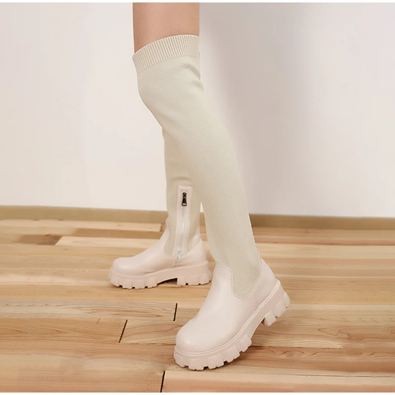Pmwrun Over The Knee Spring and Autumn Stitching Knitted Vertical Pattern Fashion Platform Boots Socks Shoes Women's Boots platform thigh high boots
