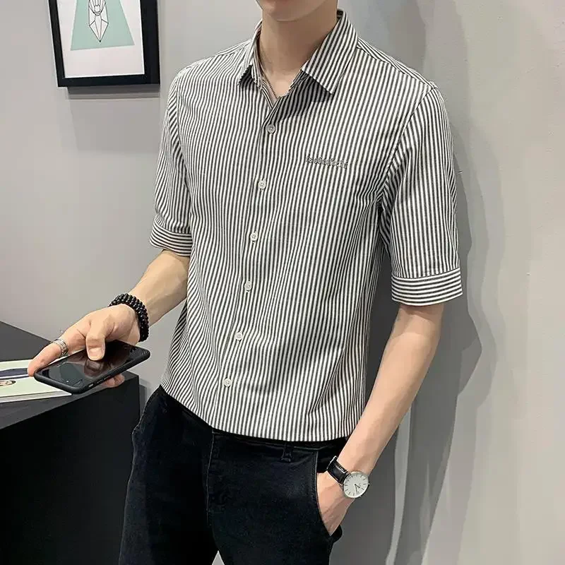 

Рубашка и блузка мужские полосатые, деловая одежда, приталенный силуэт с рукавом до локтя, в Корейском стиле, лето