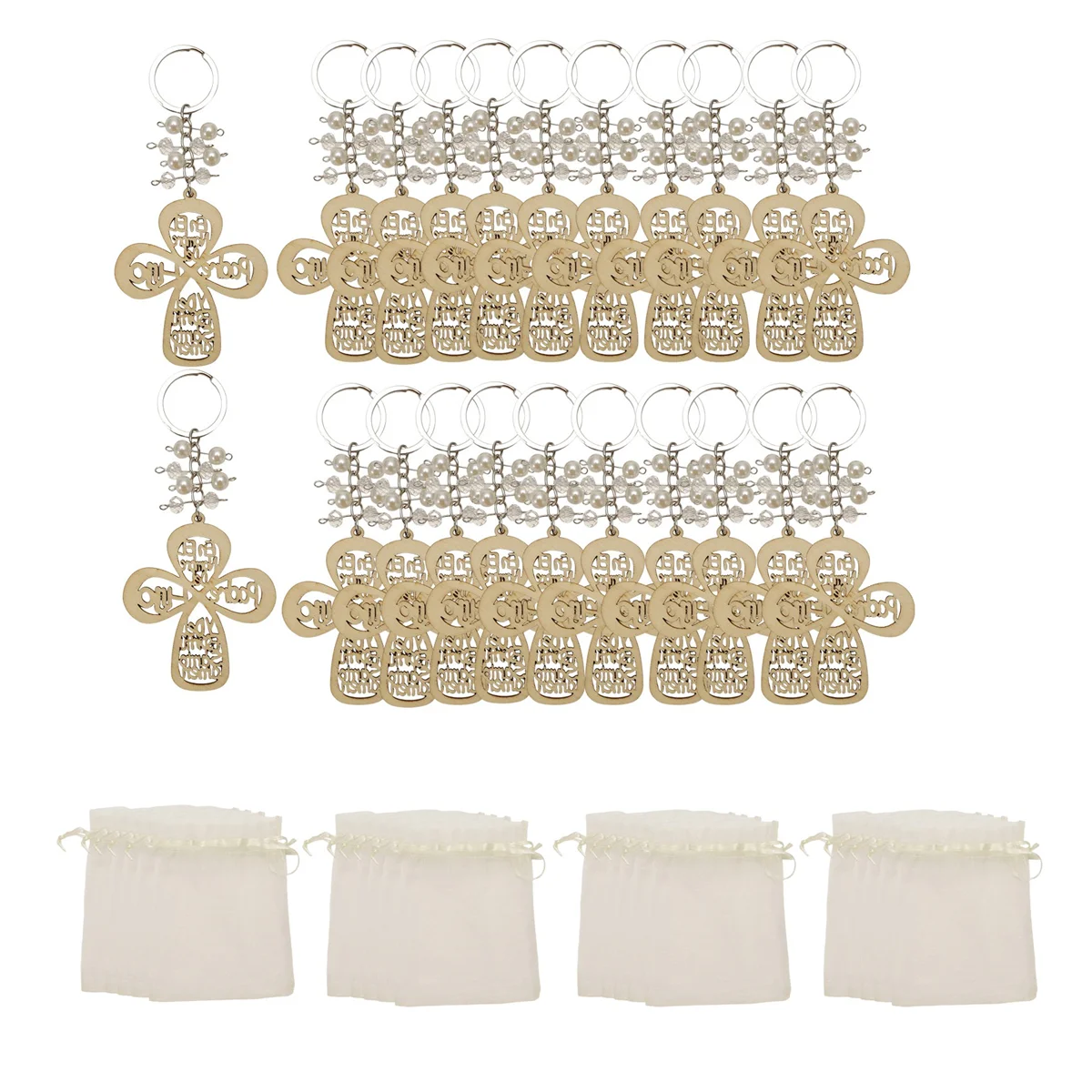새로운 20Pcs 세례 호의 키 체인 크로스 나무 열쇠 고리 세례 나무 디자인 키 링 첫 성찬식을위한 가방