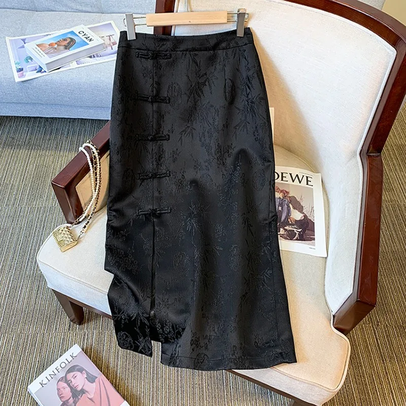 여성용 하이웨이스트 펜슬 스커트, 빈티지 단추 기본, 우아한 슬림 롱 스커트, 중국 스타일, B3332, 2024 용수철, 신상