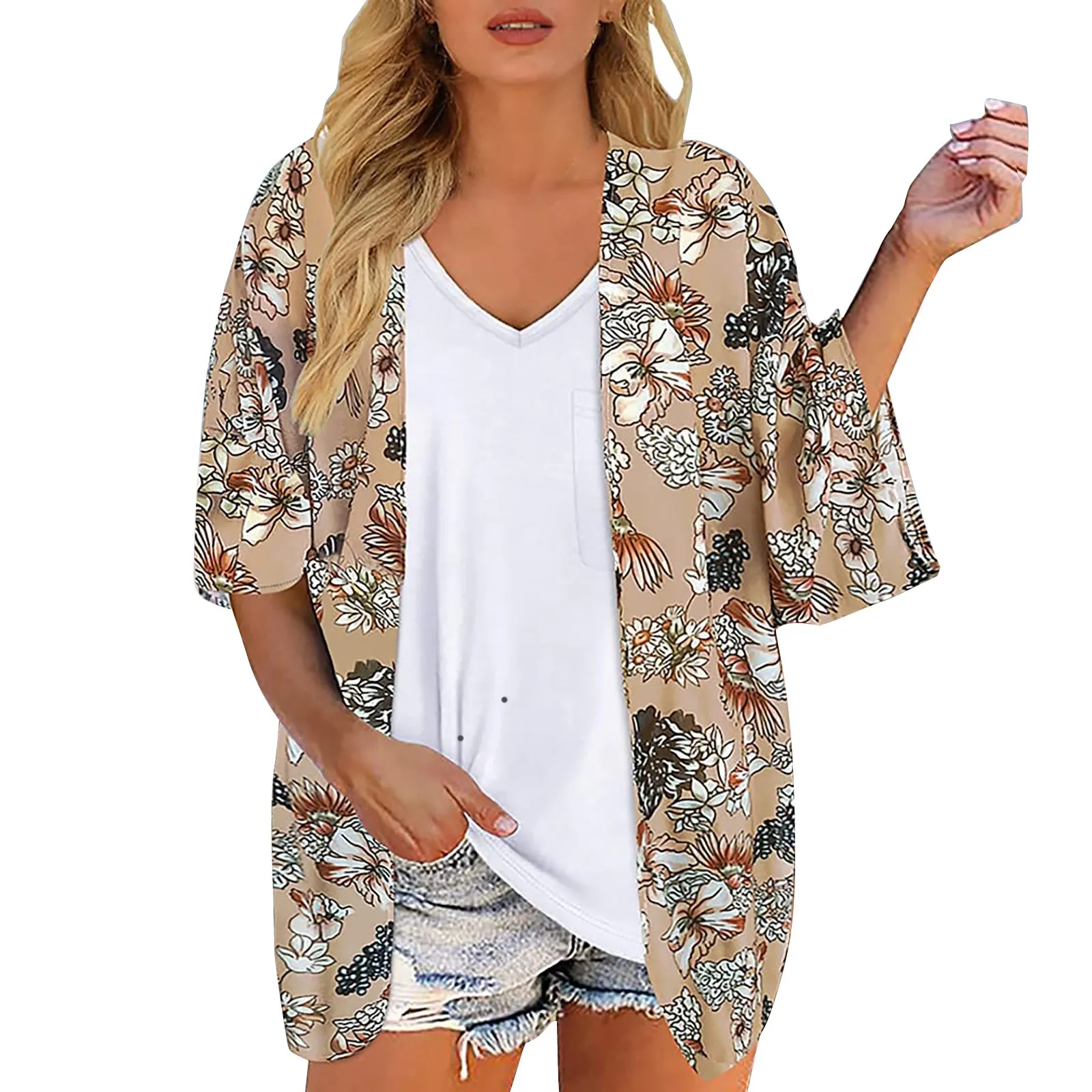 

Женский шифоновый кардиган-кимоно с цветочным принтом и рукавами-фонариками