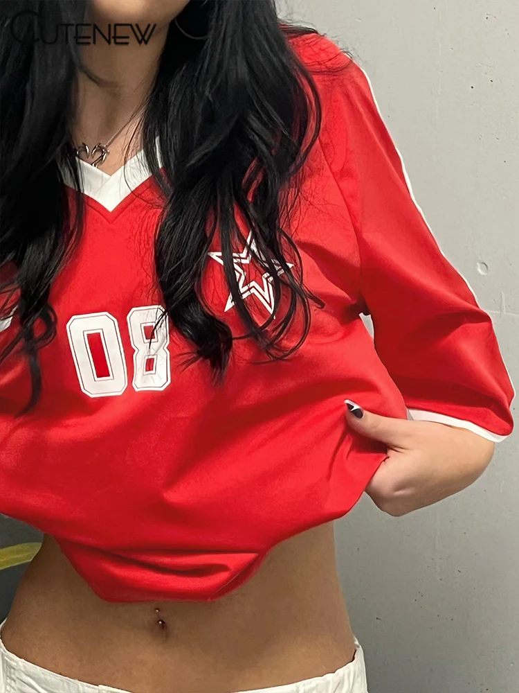 Football Track Women T-shirts Autumn Printed Striped Long Sleeve V-neck Oversized Tops Female Active Casual Streetwear