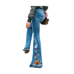 Mulheres plus size bell bottom jeans denim calças de perna larga flor bordado vintage causal novas senhoras queimado calças de cintura alta