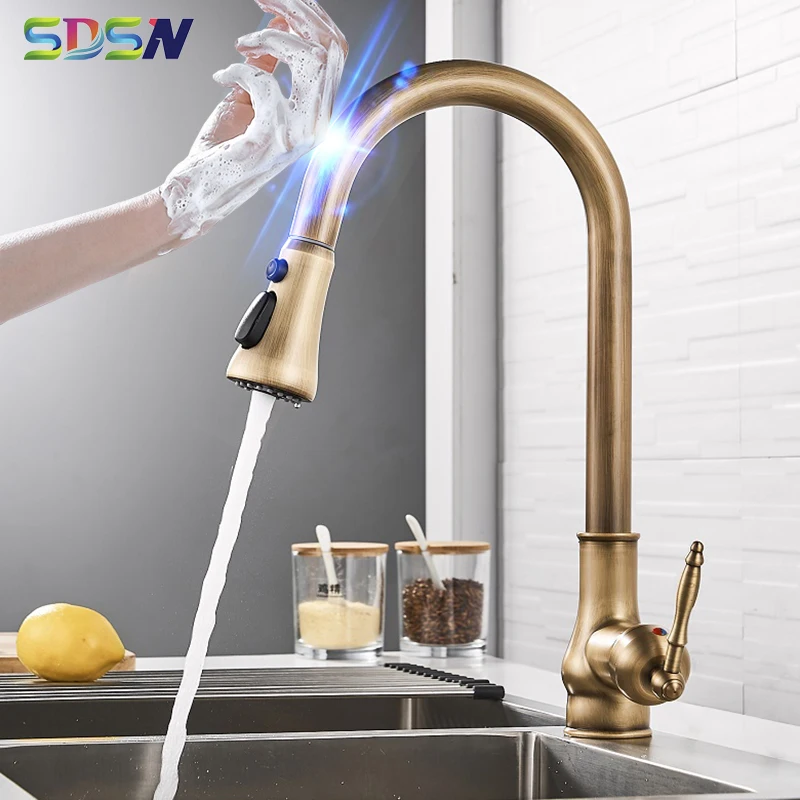 Vintage Touch Kitchen Faucet Hot Cold Water Tap Solid Brass Touch Bathroom Mixer Faucet 3 Ways Smart Sensor Pull Out Kitchen Tap