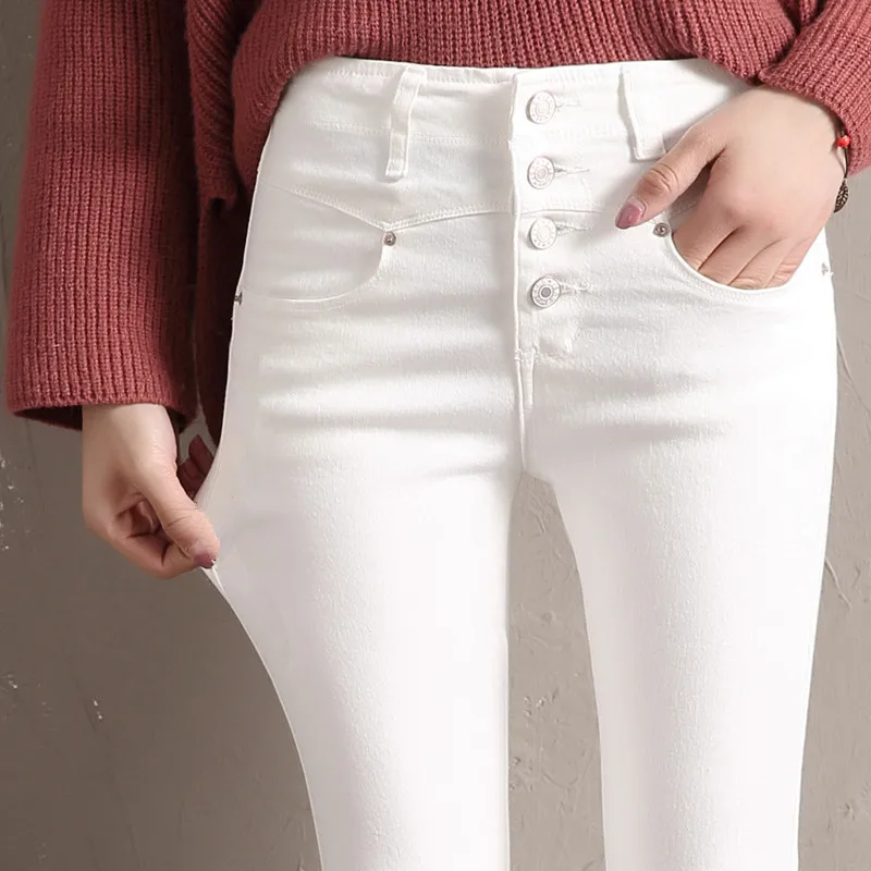 

High Waist Breasted Thicken White Jeans Pants For Women Winter Warm Skinny Stretch Pencil Pants Velvet Trousers Female L021