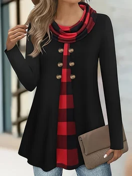 European and American fashion plaid print fake two-piece pleated scarf wild button plus size women's thin long-sleeved T-shirt 1