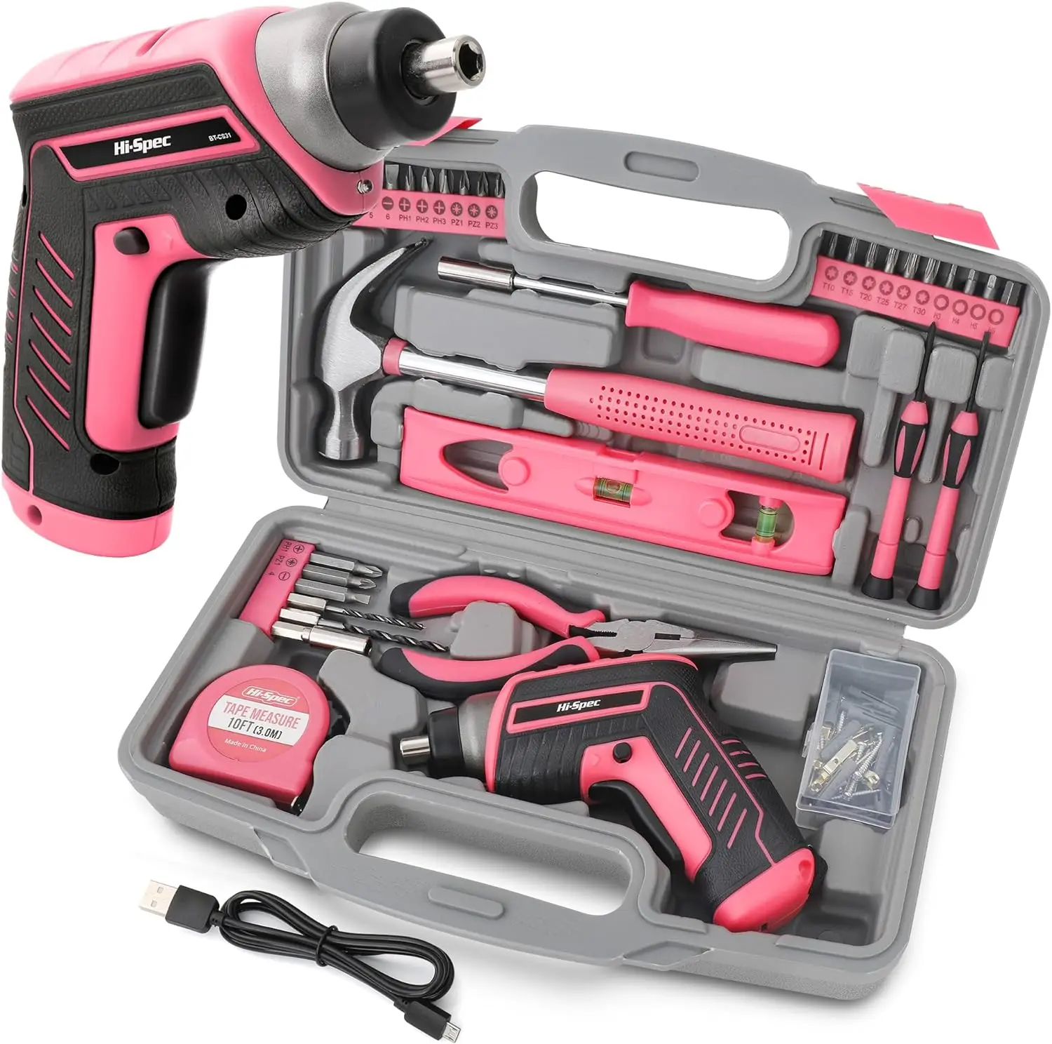 Hi-Spec 35pc Pink tool kit with 3.6V USB Electric Screwdriver and drill set. Complete women tool set рюкзак юнландия complete с пеналом pink bow 42х29х14 см 229972