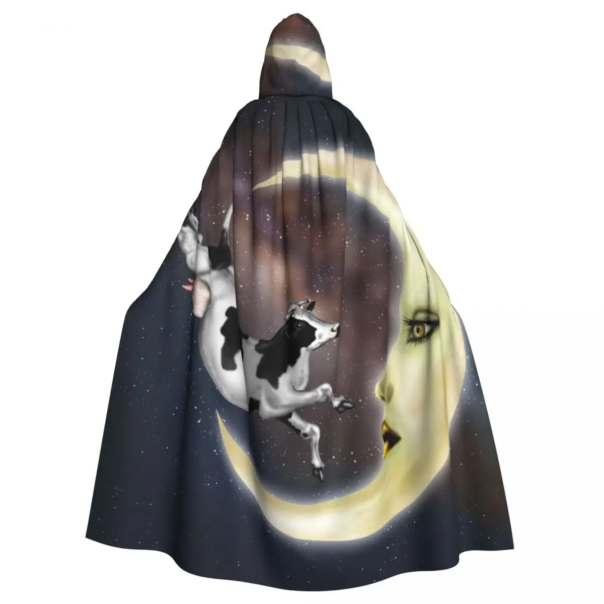 

Adult Cloak Cape Hooded Dairy Cow Jumping Over Moon Medieval Costume Witch Wicca Vampire Elf Purim Carnival Party