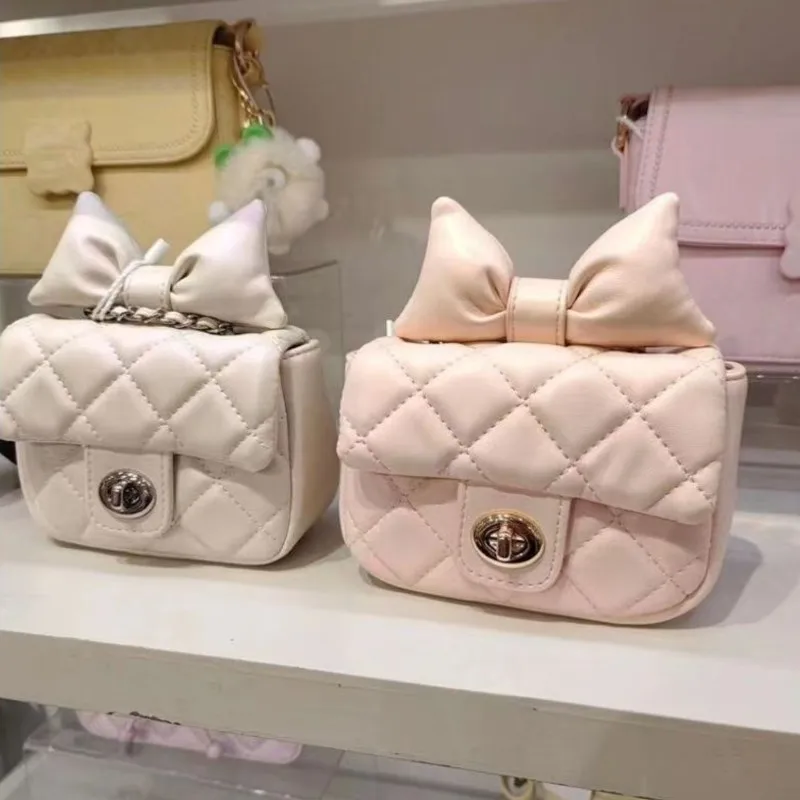 Sweet Cute Bow Shoulder Bags Women Chain Diamond Pattern Compact Crossbody Bag Ladies Balletcore Mini Versatile Small Square Bag