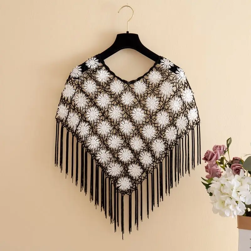 

Spring Summer Hollow-out Tassel Mesh Capes Sunscreen Pullover Handmade Lace Shawl Lady Cloaks Sandy Beach Poncho Black