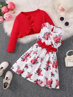 Ensemble de robes 2 pièces pour filles de 4 à 7 ans, pardessus tricoté solide + robe florale sans manches avec ceinture, vêtements de princesse de Style photographie 4
