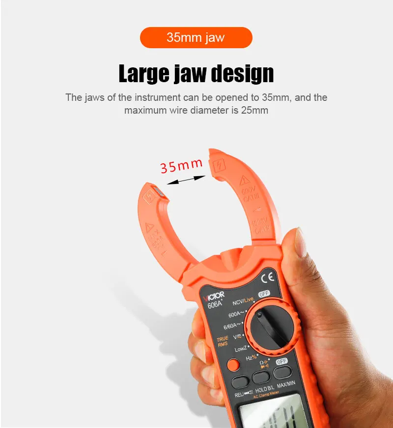 VC606+ Series Low Impedance Clamp Meter 5999 Digit Display 35mm 600A Inrush Curr