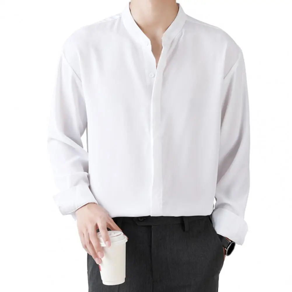 

Pure Color Top Men's Single-breasted Stand Collar Formal Business Shirt Slim Fit Pure Color Soft Breathable Long Sleeve Fall