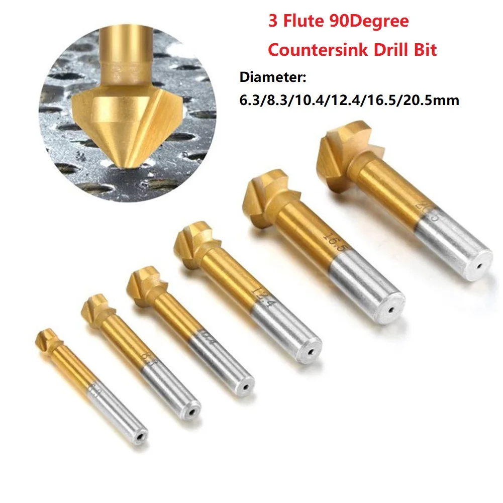 3Flute HSS Countersink Drill Bit 90Degree Countersink Chamfering Tools Drill Bits Chamfer Cutter 6.3/8.3/10.4/12.4/16.5/20.5mm