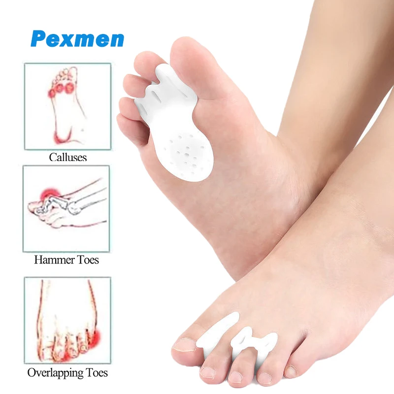 Pexmen 2Pcs Gel Toe Separators & Ball of Foot Cushions Toe Spacers to Correct Your Toes Bunion Pain Relief Hammertoe Corrector pexmen 2pcs gel bunion corrector and toe separator spacers and straightener orthotics for overlapping toes bunion pain relief