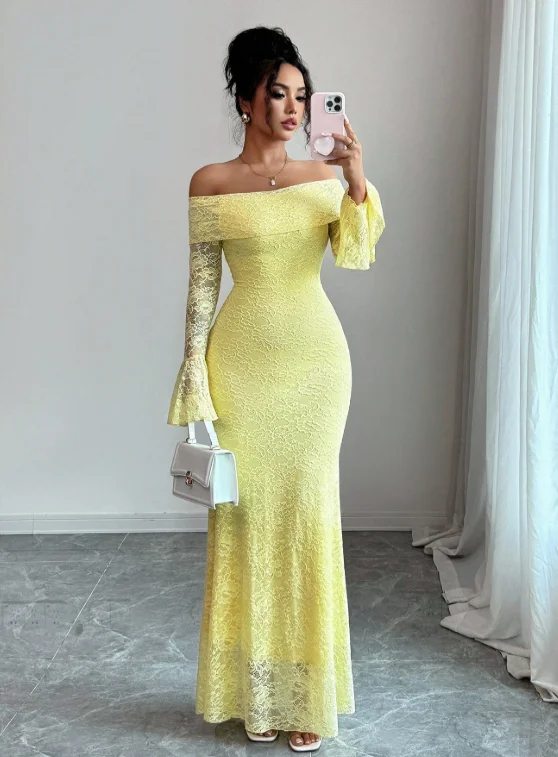 فستان أصفر دانتيل أوف شولدر بتصميم أنثوي