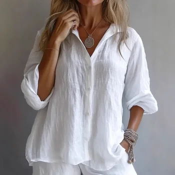 Casual Linen Long Sleeve Blouse Women 2025 Summer Fashion Turn-down Collar Loose Shirts White Blouses Femme Tops Elegant 1