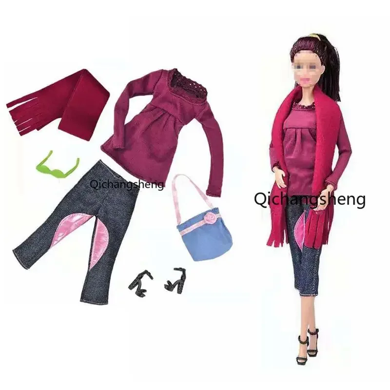 

11,5 "модная красная рубашка, сумка, шарф, обувь и джинсы, брюки, комплект одежды для кукол Барби, Одежда для кукол 1/6 BJD, аксессуары для кукол, де...