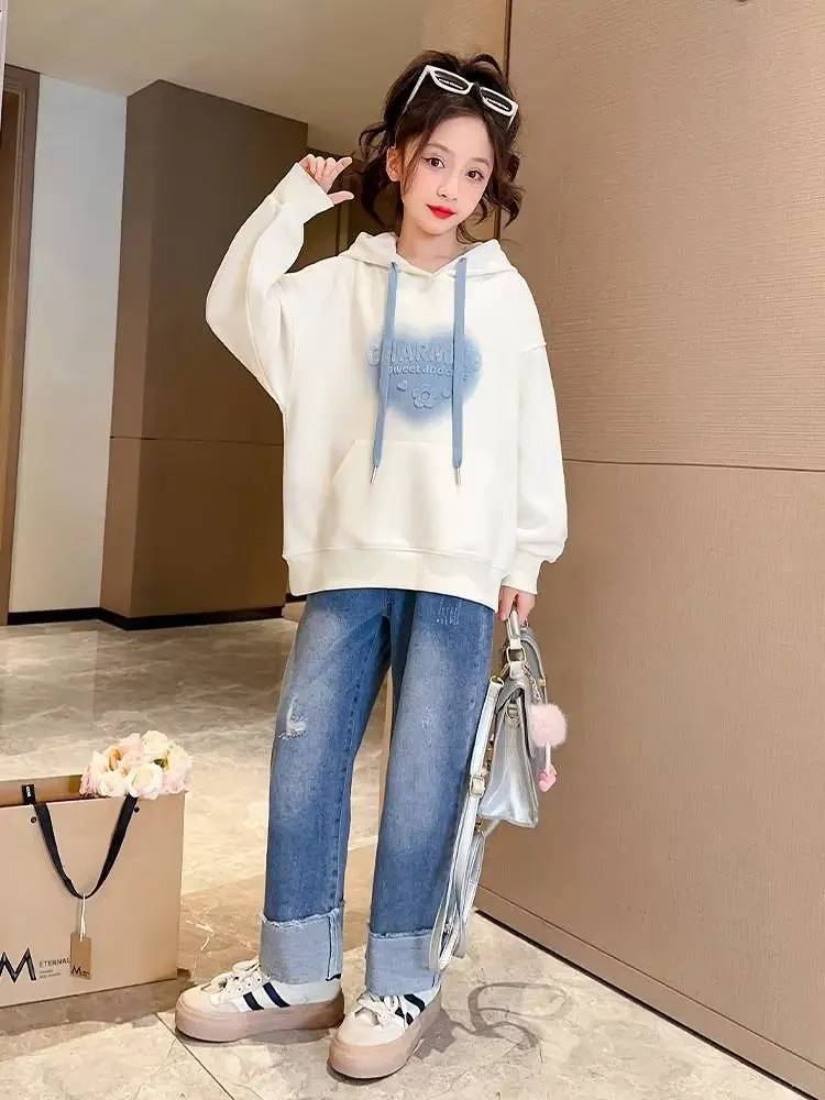 2024 Autumn winter spring Girls clothes Hooded white Sweatshirt Baby t-shirt Dresses teenager Kid Princess 6 7 8 9 10 11 12 year images - 6